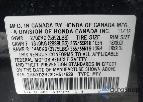 2013 Acura Mdx from USA, damaged, VIN 2HNYD2H23DH514929